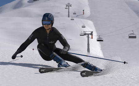 skier leaning on his side when turning to carve ice