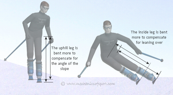 When on a slope or leaning over one leg will need to be bent more than the other